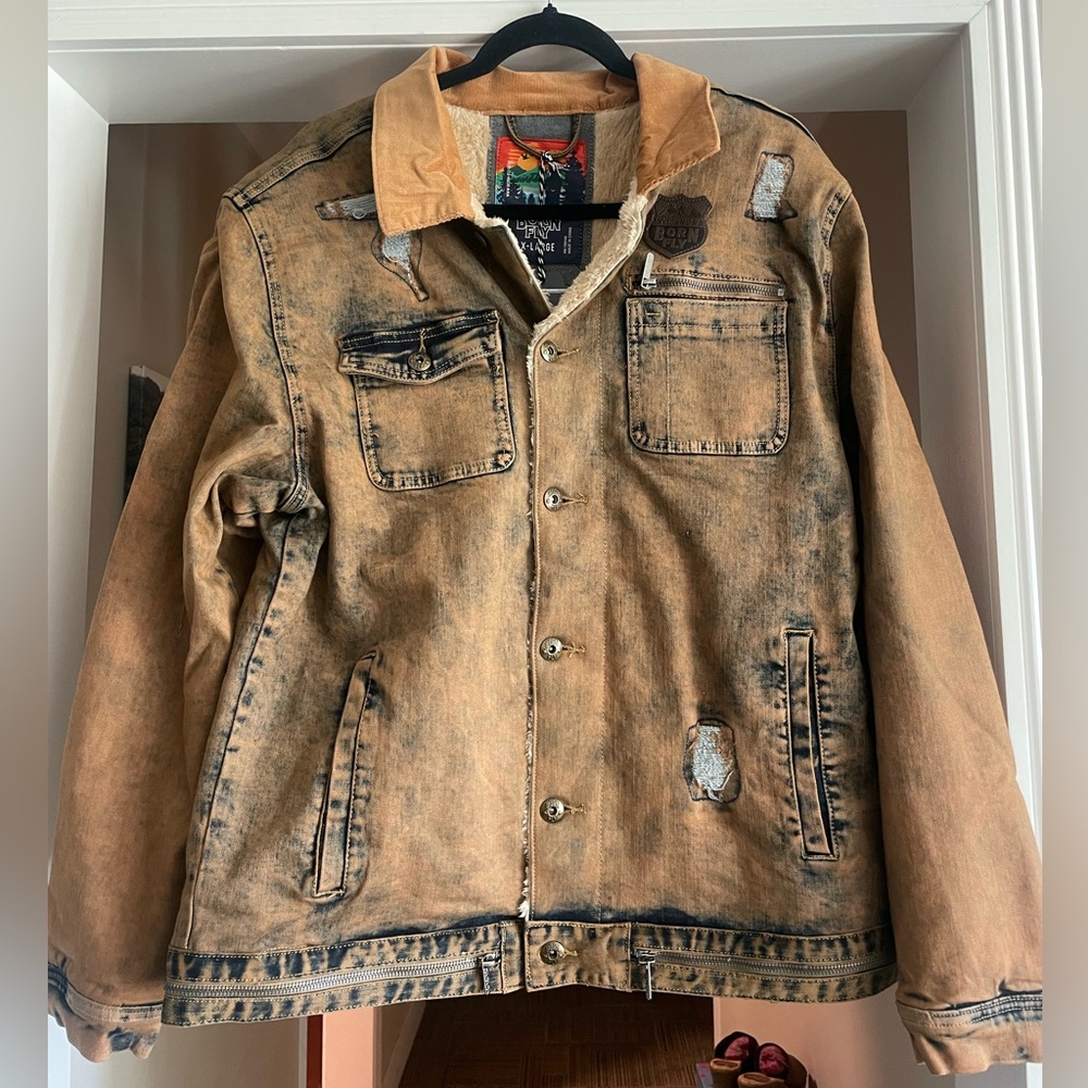 Born Fly Men's Tan Vintage-Look Faux-sherpa Lined Utility/Field Jacket-Size XL